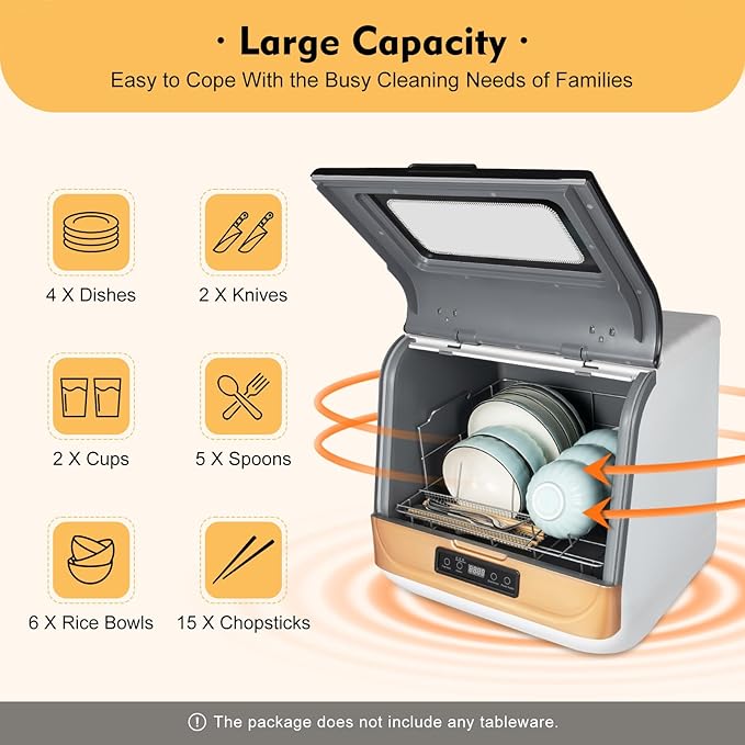 Portable Countertop Dishwasher, 4 Washing Programs Mini Dishwasher 360° Rotating Spray Dish Washing Machine for Home, Apartments & RV, Vegetables & Fruits, Fast/Standard/Strong (Gold)