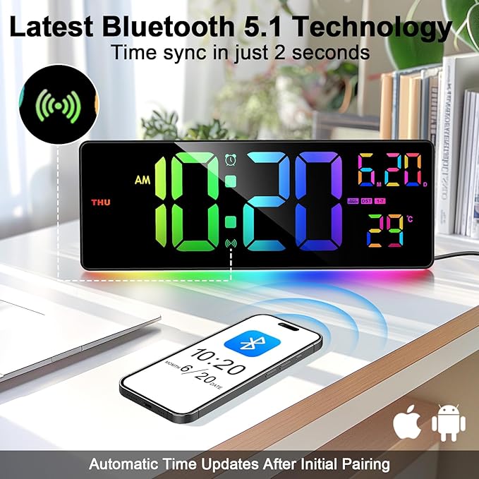 16" Bluetooth Large Digital Wall Clock/Auto Time Sync, 10 RGB Colors Digital