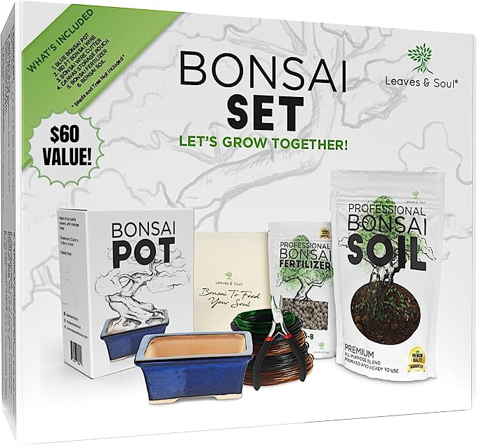 Leaves and Soul Bonsai Kit – Blue Ceramic Pot Set with Soil Mix, 160ft Training Wire, Cutter, Fertilizer & Storage Bag | Complete Beginner Bonsai Starter Set