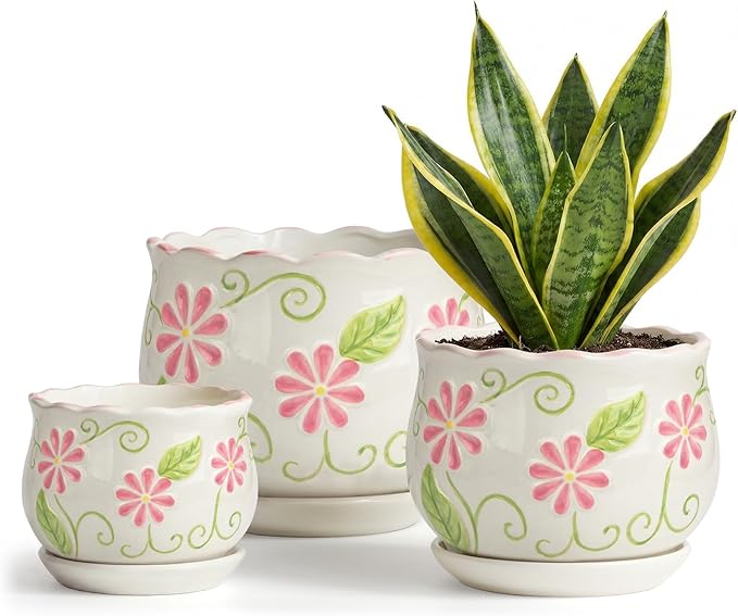 STHIE Pink Ceramic Flower Pots, 4"+5.2"+6.6" Inch Small Flower Pots for Indoor Plant with Drainage Hole,Modern Decorative Plant Pots Set of 3, Indoor Planters with Saucer