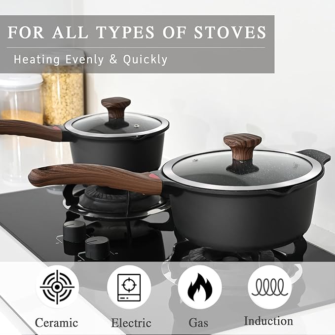 VINCHEF Sauce Pan Set with Lid 10PCS, 2QT+3QT+4QT Non Stick Sauce Pots Cooking Induction Pot set, Silicone Tools and Pot Protectors, PFAS and PFOA Free Black