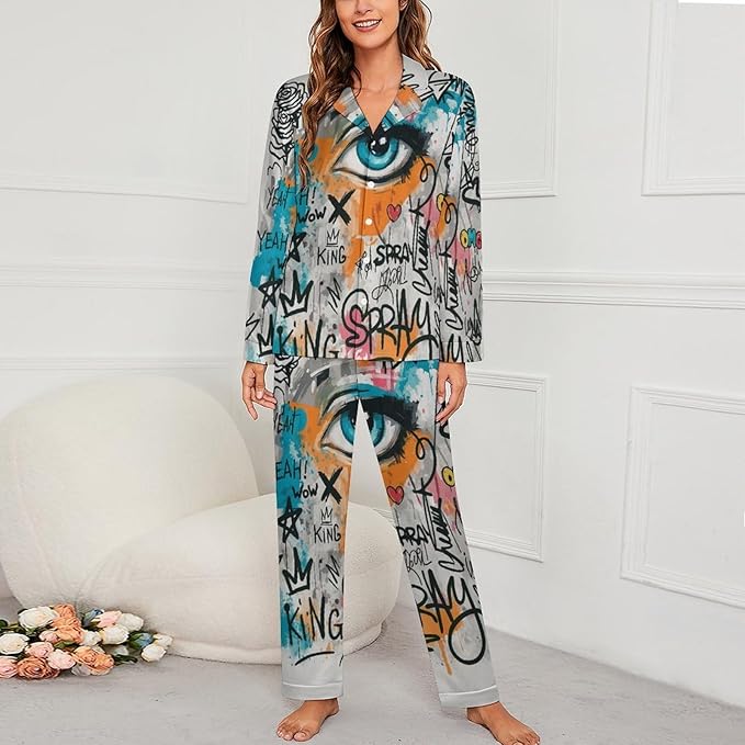Lemons Leaves Ceramic Style Womens Pajama Set Long Sleeve Pajamas Top And Pants Soft Loungewear Pjs Sets