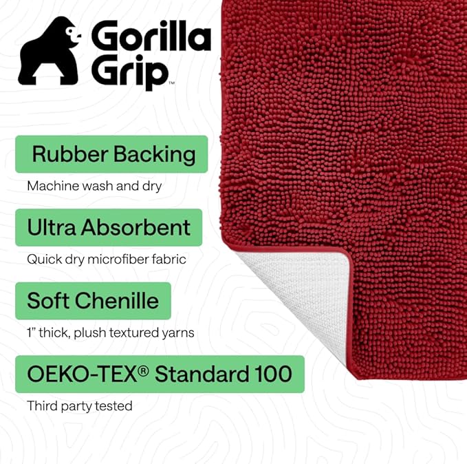 GORILLA GRIP Bath Rug Mat 44x26, Thick Soft Absorbent Chenille, Quick Dry Microfiber Mats, Rubber Backing Washable Shower Floor Rugs, Bathmat Runner, US Designed Bathroom Home Decor Accessories Red