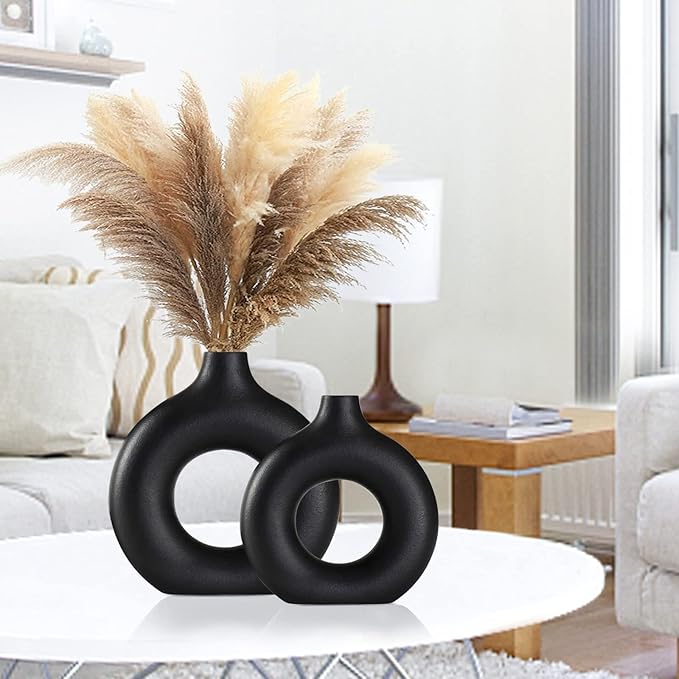 Black Ceramic Vase for Modern Home Decor, Round Matte Pampas Flower Vases Minimalist Nordic Boho Ins Style for Wedding Dinner Table Party Living Room Office Bedroom, Decorative Gift