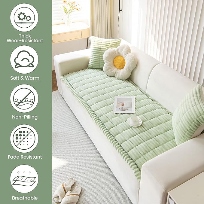 OTOB Couch Cover for Dogs Washable, Non Slip Plush Sofa Covers for 3 Cushion Couch, Fuzzy Pet Friendly Mat Bed Furniture Protector Sofa Slipcover, All Seasons (Matcha Green, 27.6" x 70.9")