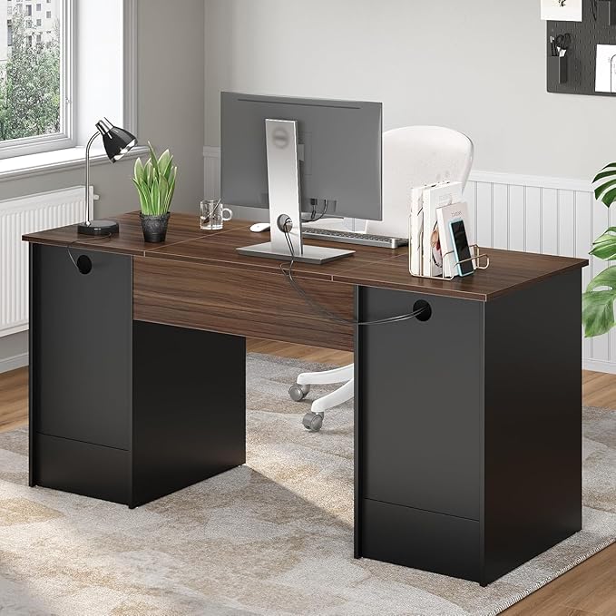 Bestier 59” Executive Desk with 2 Drawers, Computer Desk with Storage Cabinet, Industrial Wood Desk with File Drawer, Keyboard Tray & 2 Pedestals for Home Office & Studio, Cherry