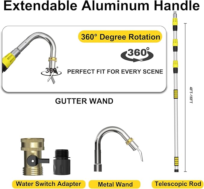 24FT Reach Gutter Cleaning Tools from Ground, Telescopic Rain Gutter Cleaners Tool with Quick Connect Adapter and Heavy Duty Wand for 2nd Story House