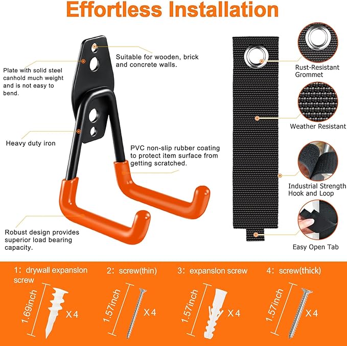 HUPBIPY Heavy Duty Garage Hooks 4 Pack, 7.7 inch U Shaped Long Hanger, with 2 Extension Cord Holder Organizer, Wall Mounted Storage System, for Power and Garden Tool Hanging， Ladders, Bikes, Hose