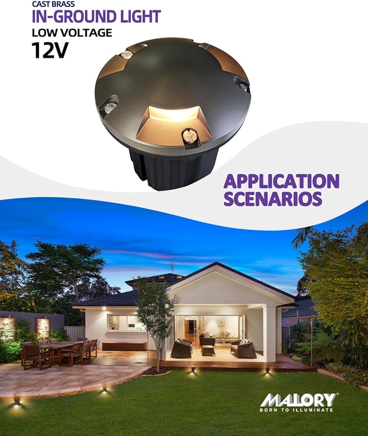MALORY Brass Top Cover Landscape Well Lights,(5''H) 12V Low Voltage Outdoor In Ground Lights,Landscape Lighting for Pathway, Driveway and Garden (Three-Direction Turret, 10-Pack with Bulb)
