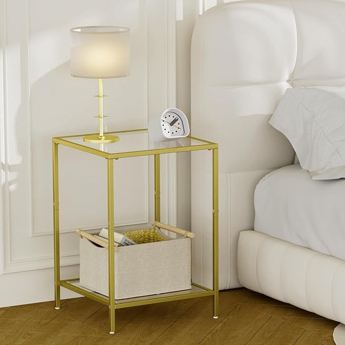 Side Tables Set of 2, End Table with Tempered Glass, 2-Tier Nightstands with Storage Shelves, Coffee Table with Modern Style, Square Sofa Table for Living Room, Bedroom, 15.7"D x 15.7"W, Gold