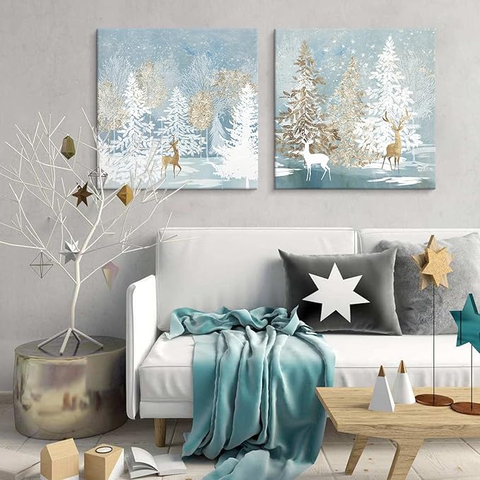SEVEN WALL ARTS Christmas Wall Art Moose Deer Picture Wall Decor Natural Elk Canvas White Snow Trees Posters Snowflake Winter Blue Decorations for Living Room Farmhouse Bathroom Holiday Decor