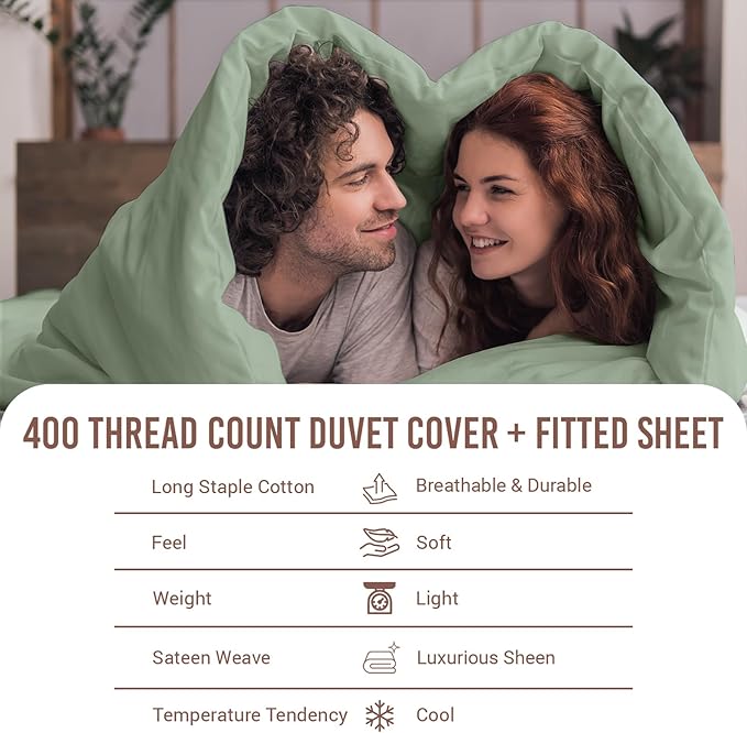 Pizuna 100% Cotton King 3 Pc Duvet Cover + 1 Pc Fitted Sheet Set 400 Thread Count Sea Foam Sateen Weave Luxurious Long Staple Cotton 4 Piece Bedding Set - 1 Duvet Cover, 2 Pillow Shams, 1 Fitted Sheet