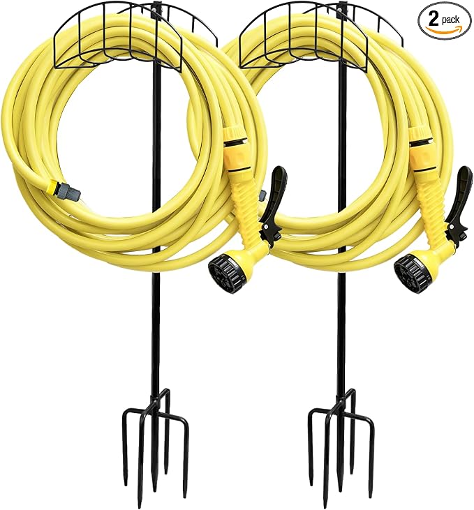 Garden Hose Holder Stand - Frestanding Heavy Duty Metal Water Hose Hanger, Detachable Hose Storage Organizer Holds 150ft, 2-Pack for Outside Yard Lawn (Black)