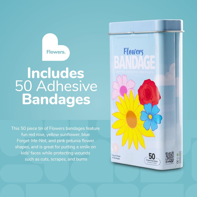 BioSwiss Bandages, Flowers Shaped Self Adhesive Bandage Set, Latex Free, Sterile Wound Care, 50 Count