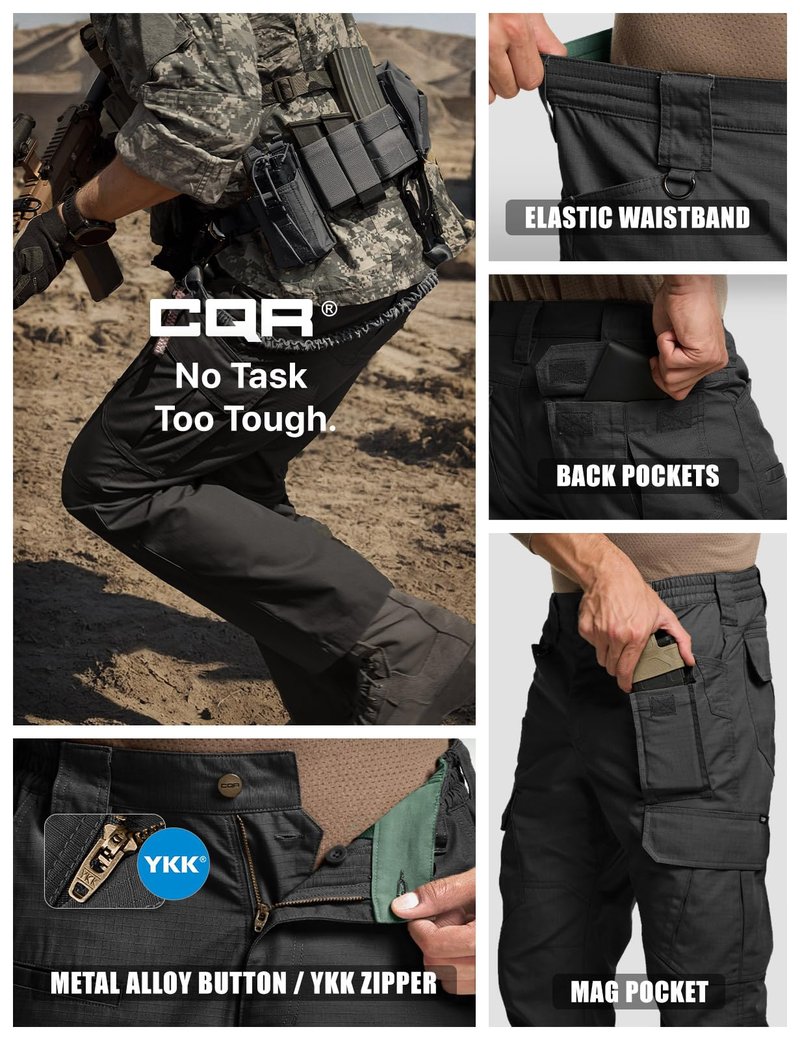 CQR Men's Tactical Pants, Water Resistant Ripstop Cargo Pants, Lightweight EDC Work Hiking, Outdoor Apparel, Duratex Mag Pocket Black, 34W x 30L
