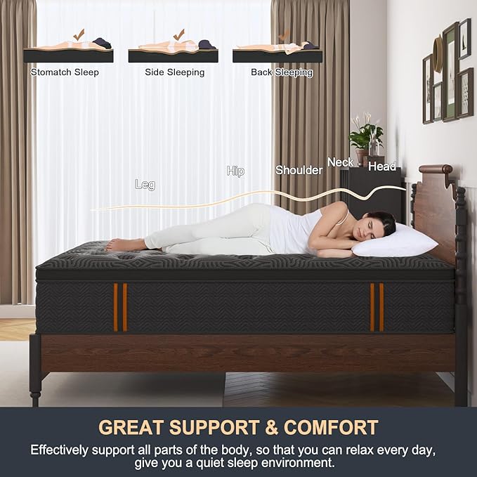 Queen Mattress, 9 Inch Hybrid Mattresses in a Box with Durable Support, Fiberglass Free, Motion Isolation & Individually Poctet, 100 Night Trial, Queen Size, Dark Grey
