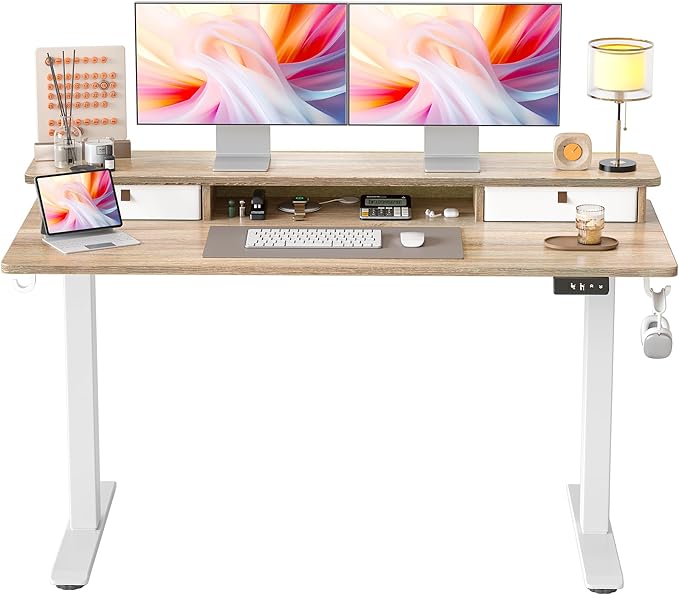TIQLAB Standing Desk with Two Drawers, Stand Up Standing Desk Adjustable Height, Electric Sit Stand Table with Storage Shelf and Splice Board, 55 * 28 inch, Maple