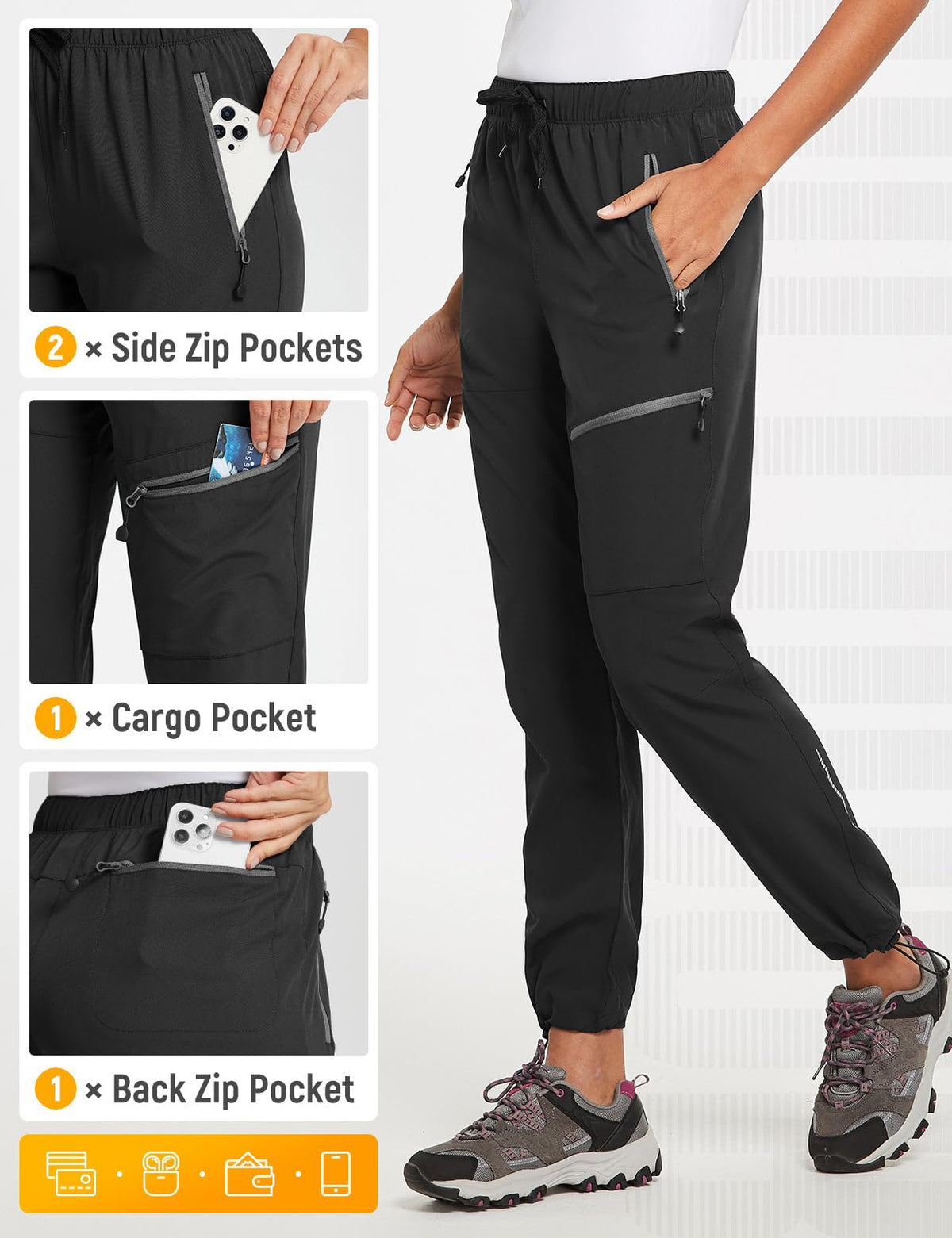 BALEAF Women's Petite Hiking Pants Lightweight Quick Dry Water Resistant Cargo Pants 27'' Inseam for All Seasons Black Size M