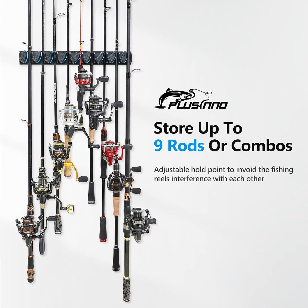 PLUSINNO Fishing Rod Rack - Wall Mounted Holder for Up to 36 Rods | 4-Pack Fishing Gear Storage