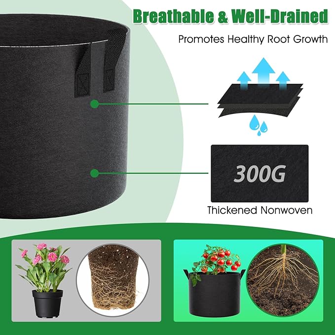 FEED GARDEN 10 Gallon Grow Bags 8 Pack – 300G Thickened Fabric Plant Pots with Reinforced Handles, Breathable Drainage Planters for Vegetables, Tomatoes, Herbs, Indoor & Outdoor Gardening