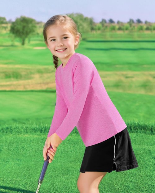 Auranso Girls Long Sleeve Shirts 3 Pack Dry Fit Athletic Tops Active Shirts for Girls Rose Pink-Light Grey-Light Blue 7-8 Years