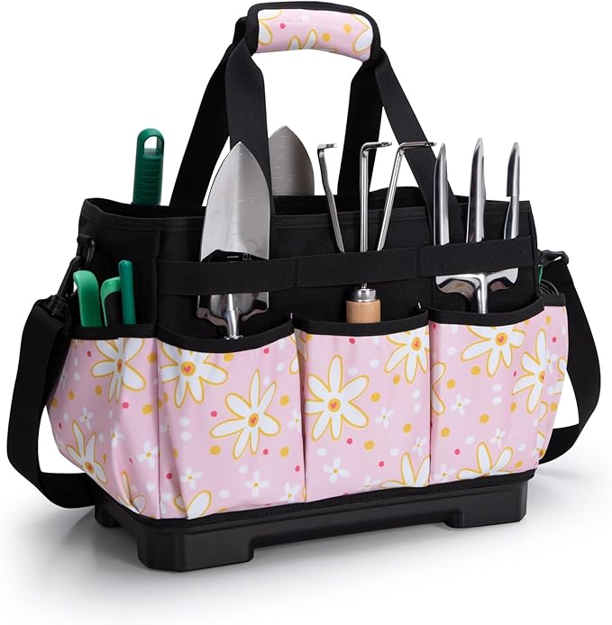Marscamd Garden Tool Bag with Hard Bottom, Garden Tote with Shoulder Strap and Multiple Pockets (No Accessories Included), Pink Sunflower