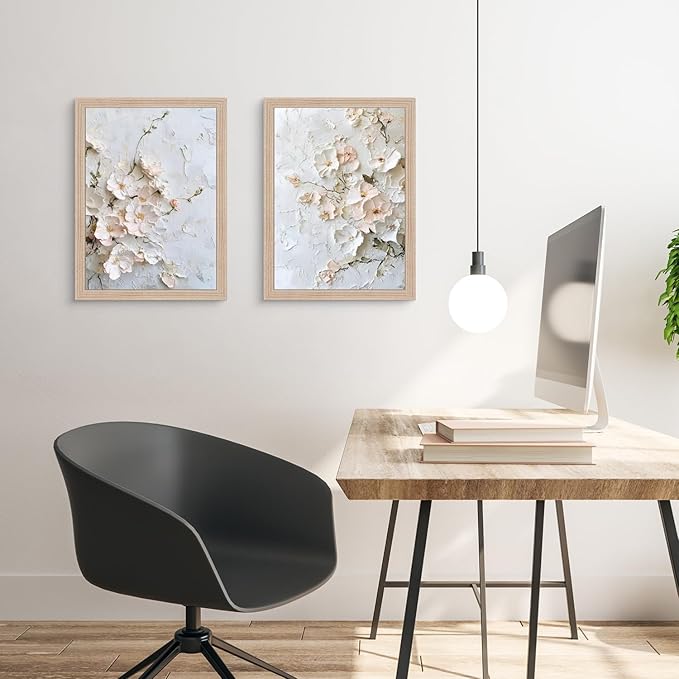 Framed 3D Floral Canvas Wall Art Textured Floral Oil Painting Modern Neutral
