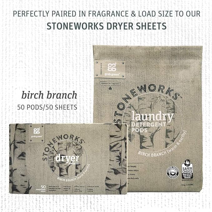 Grab Green Stoneworks Laundry Detergent Pods, 100 Count, Birch Branch Scent, Plant and Mineral Based, Cleans Deeply, Eliminates Odors, Fights Stains