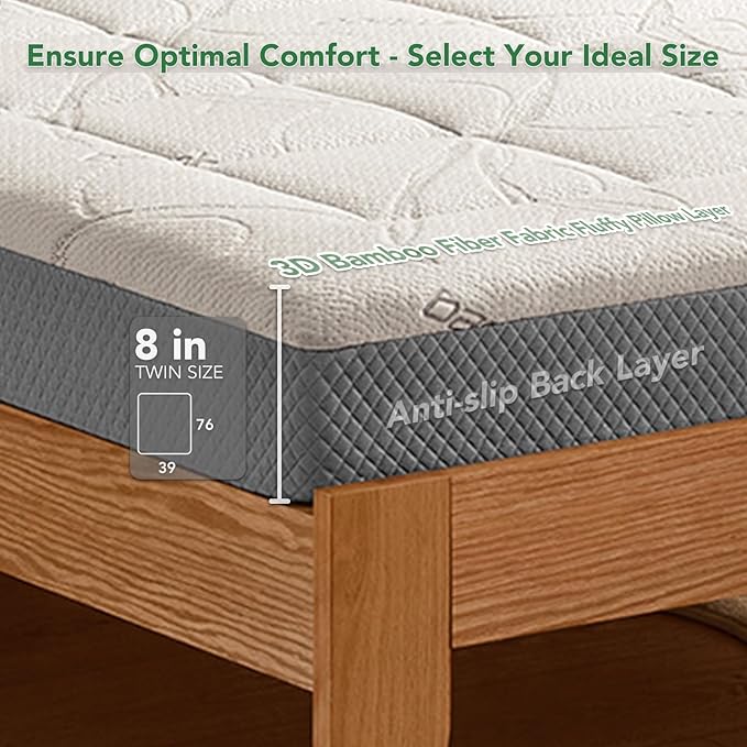8 Inch Twin Memory Foam Mattress- CertiPUR-US Certified Foam Mattress in a Box -Medium Firm Support for Pressure Relief with Washable Bamboo Fiber Cover for Kids Single Bunk Trundle Bed