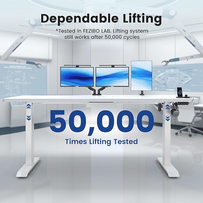 FEZIBO 71 x 37 Inch Standing Desk with Integrated Dual-Beam, Height Adjustable Computer Desk, Sit Stand Desk for Home Office Workstation, 1" Thick Large 3-Piece Desktop White