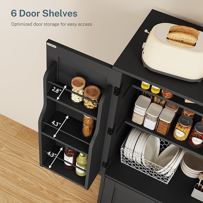 TEENFON Storage Cabinet with 4 Doors, Kitchen Cabinet with 6 Door Shelves, Kitchen Pantry for Living Room, Dining Room, Bathroom, Black