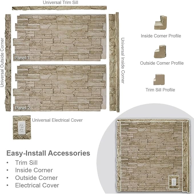 EverStone Cascade Faux Stone Panel, 48 5/8"W x 24 3/4"H x 1 1/4"D
