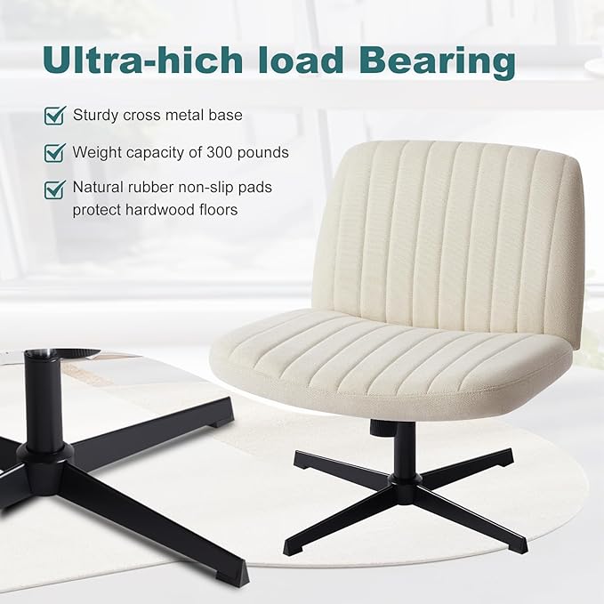 OLIXIS Criss Cross Legged Chairs Armless No Wheels Wide Seat Height Adjustable Swivel Padded Fabric Home Office Desk Chair for Bedroom, Student, Study Room,Beige