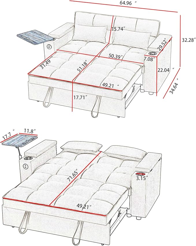 65'' 3-in-1 Folding Convertible Sofa Bed, Queen Size Pullout Sofa, Modern Chenille Fabric, 360° Swivel Side Table, Easy Assembly, Perfect for Living Room