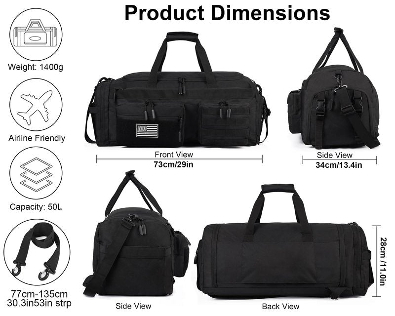 LHI 50L Tactical Duffle Bag for Men, 3-in-1 Gym Duffle and Backpack, Shoe Compartment, Laptop Sleeve and MOLLE, Carry-On Travel Weekender and Overnight Bag – Black