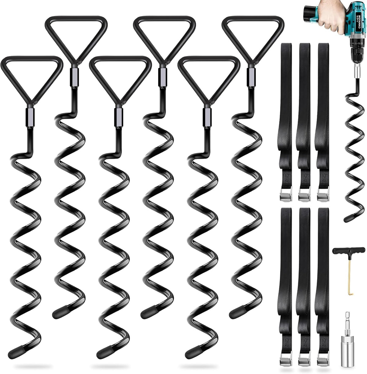 Skiennix Trampoline Ground Anchors - Heavy Duty Screw-In Stakes with Strong Straps | Black, 6-Pack