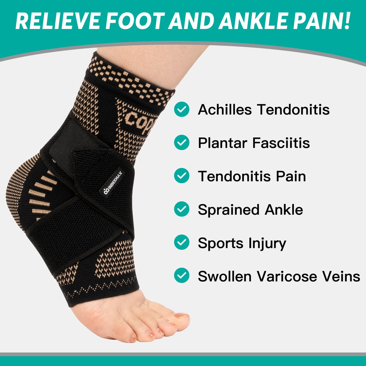 INDEEMAX Ankle Brace for Sprained Ankle Compression Sleeve, 2 Pack Copper Infused Ankle Support Brace for Women & Men, Plantar Fasciitis Relief Achilles Tendonitis, Sports Running, Copper Black, L