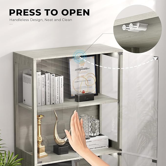 Display Cabinet with Glass Doors, 4-Tier Curio Cabinet with 3 Color Lights for Collectibles, Glass Display Case with Human Body Sensor, Bookcase with 4 Shelves, Storage Cabinets, Gray