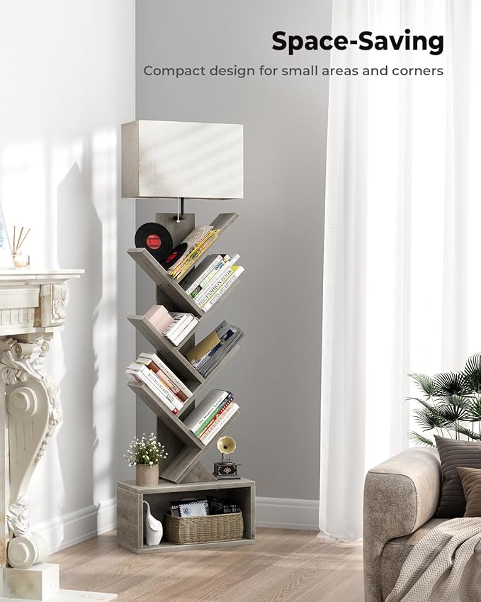 Evermagin 6 Tier Tree Bookshelf with Light, Narrow Bookcase Tower, Tall Floor Standing Book Shelf Organizer with Storage Cabinet for Living Room, Bedroom and Home Office, Gray
