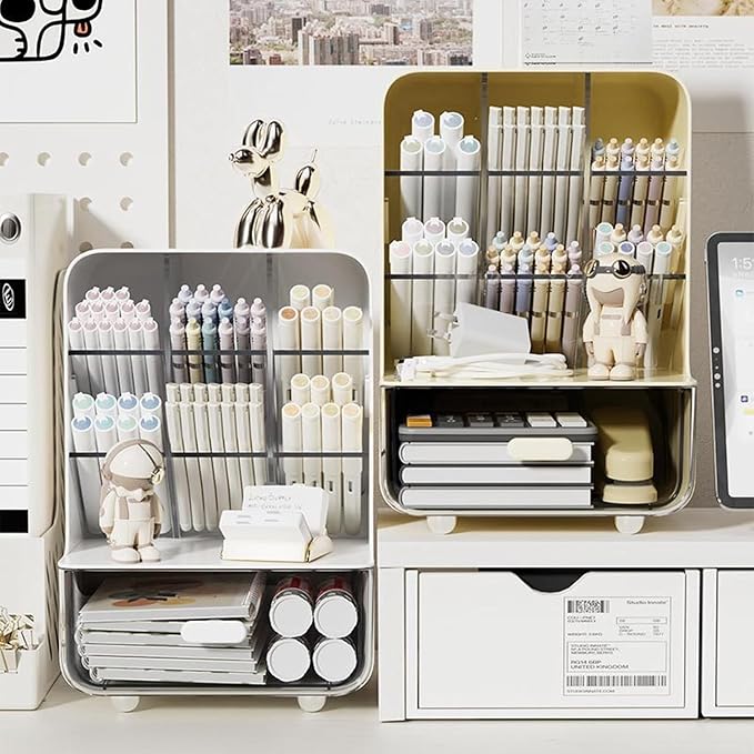 Pen Organizer for Desk, Desk Organizer with Drawer, Multi-Functional Pencil Holder with 6 Compartments and 1 Drawer Organization Storage Accessories for Office Home School Workspace (White)