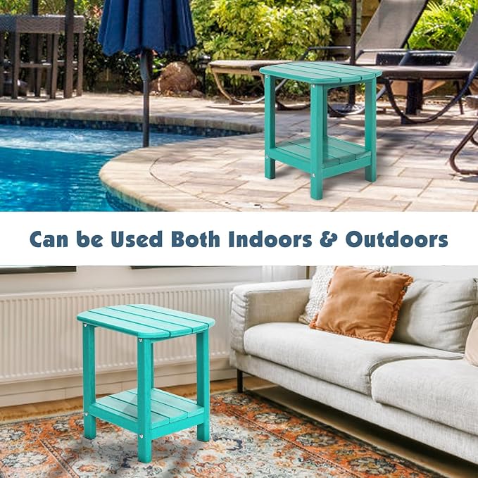 Adirondack Outdoor Side Table, 16.5” HDPE Small Patio Table with Storage Shelf, Weather Resistant End Table for Porch, Pool & Yard (Aruba)