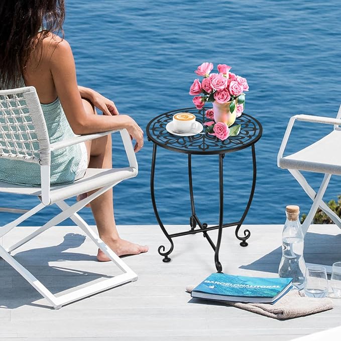 14 Inch Outdoor Metal Side Table, Patio Side Table Weather Resistant Metal Side Table, Small Round Outdoor End Table Plant Stands Table Outside for Patio Yard Balcony Garden Black (Color5-Leaf)