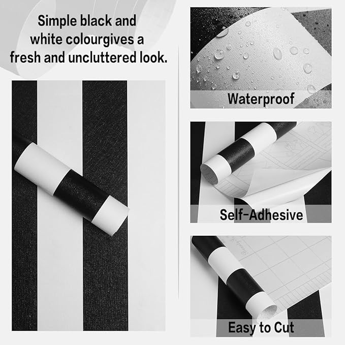 Jeweluck Black and White Wallpaper Peel and Stick Wall Paper 17.7”x118.1” Black