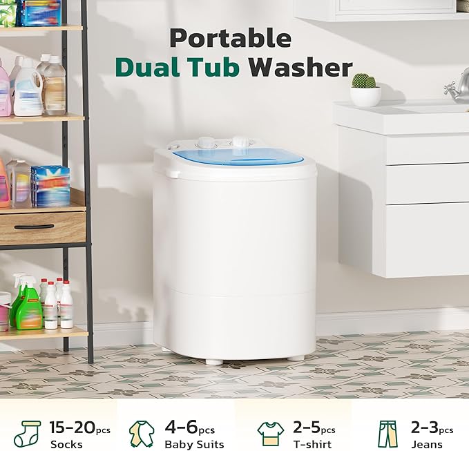 Greenvelly Portable Washing Machine, Single Tub Small Laundry Washer with Spin Basket, 6.6lbs Portable Washer Dryer Combo for Apartments,Dorms (White Blue)