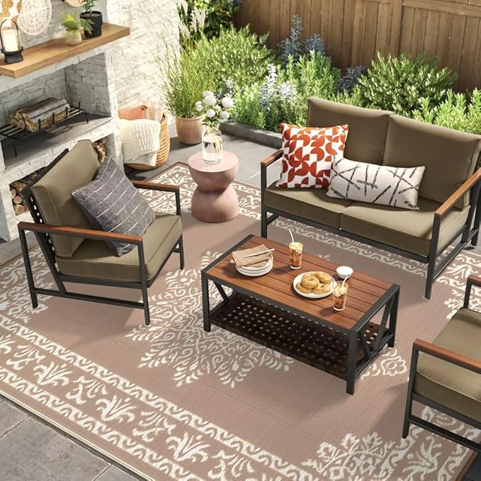 Yamaziot Outdoor Rug 5x8 Ft, Waterproof Plastic Straw Patio Rug, Reversible Backyard Carpet UV Resistant Portable RV Mat Clearance, Large Indoor Outdoor Rug for Patio, Porch, Deck, Balcony, Brown