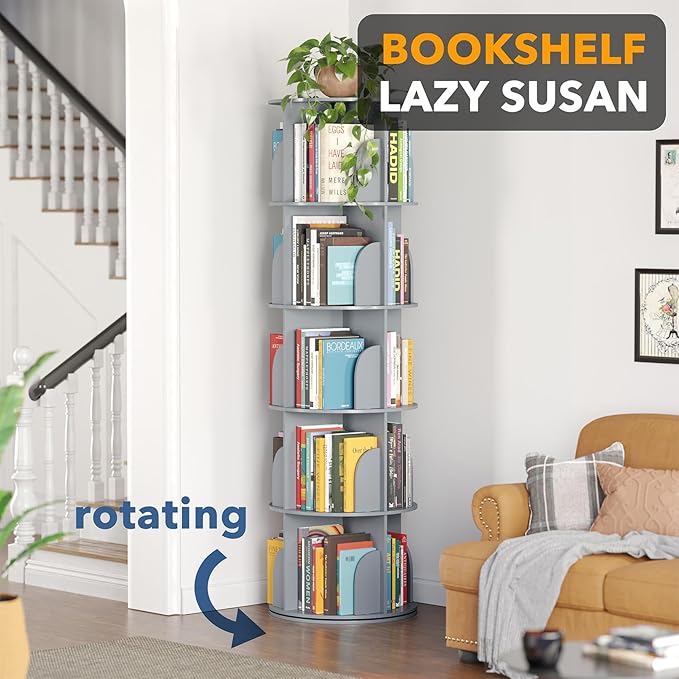 SpaceAid 5 Tier Rotating Bookshelf Tower, Spinning Bookcase Lazy Susan, Revolving 360 Book Shelf Storage Round Carousel, Vertical Rotate Turning Spiral Corner Organizer, Gray