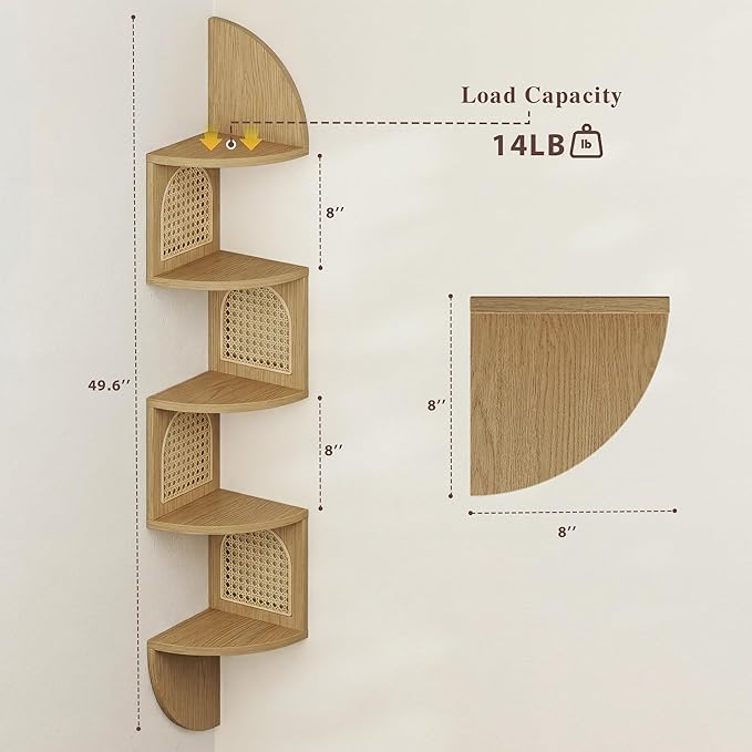 5-Tier Floating Corner Shelves for Wall, Zigzag Corner Shelf Unit, PVC Rattan