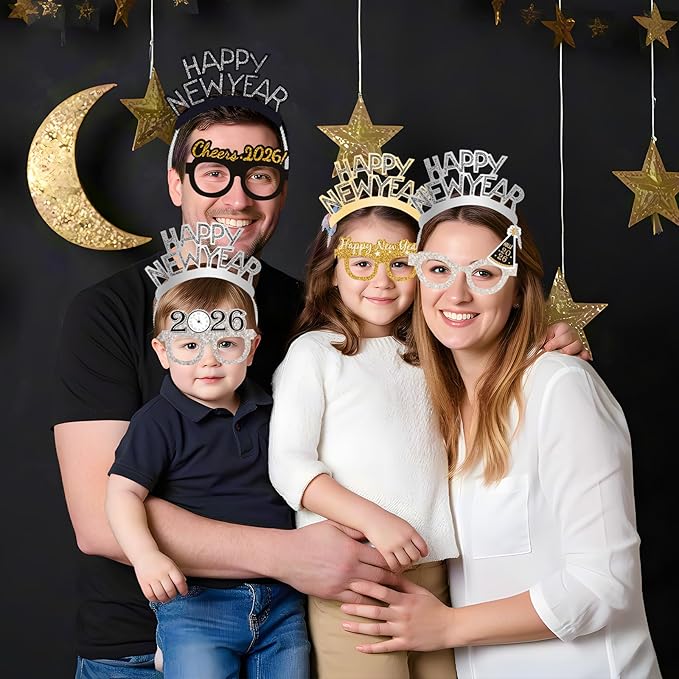36 Pcs New Years Eve Party Supplies 2026 - New Years Decorations Set, Silver Gold Black Happy New Year Headband Tiara Glasses Noise Makers Bulk for Adults Kids New Year's Gifts Party Favors Decor