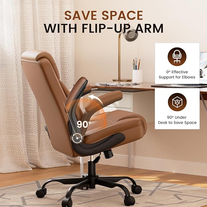 GTPLAYER Leather Office Chair, Home Desk Chair with Flip-up Arms and Ergonomic Back - Comfy Heavy Duty Executive Chair for Home Office Gaming, Brown