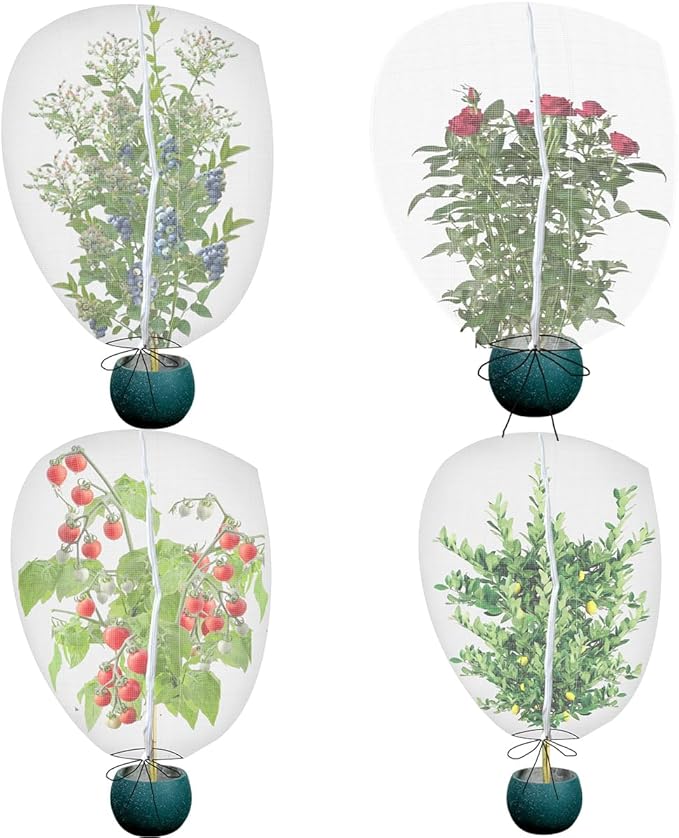 Gardtree 4PCS 2.2 x 3.2 FT Small Garden Plant Netting Covers with Double Zipper & Drawstring – Potted Plant Mesh Cover for Strawberries, Herbs & Flowers – Reusable Anti-Squirrel Barrier